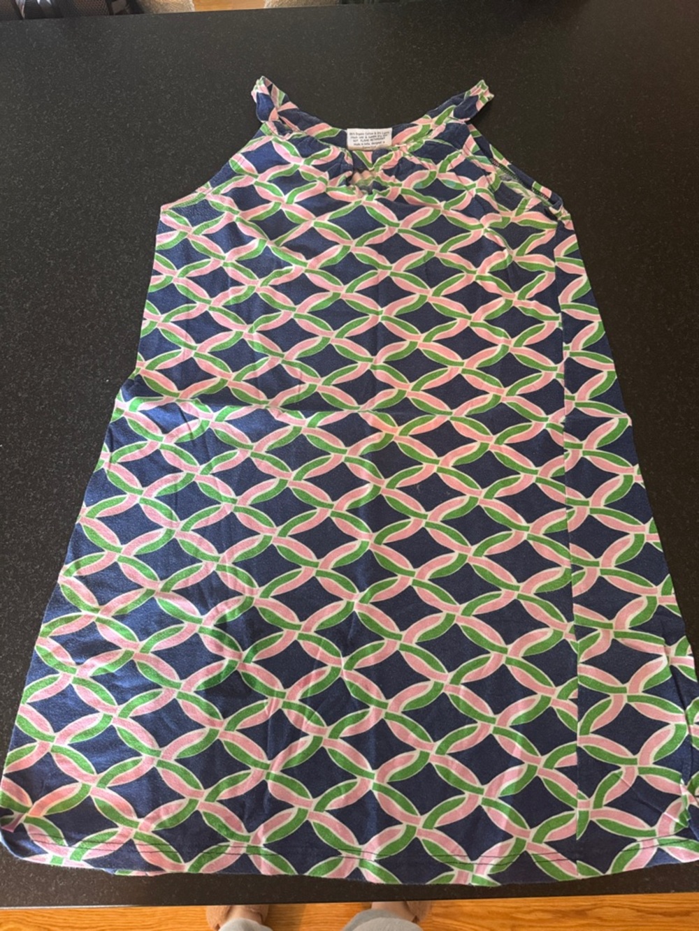 Navy Geometric Shift Dress with Pink & Green Accents -